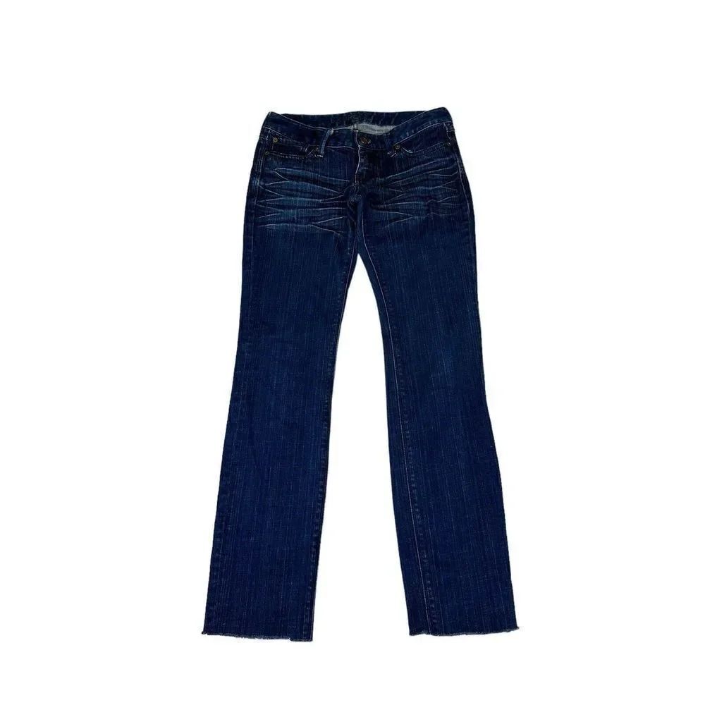 Express Dark Wash Stretch Raw Hem Straight Leg Jeans 30 Inseam Womens Size 8/ 41